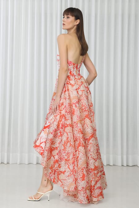 Mandira Wirk Orange Polyester Embroidery Asymmetric Maple Leaves Print Dress Online at Aza Fashions Mandira Wirk_Orange Polyester Embroidery Asymmetric Maple Leaves Print Dress _Online_at_Aza_Fashions