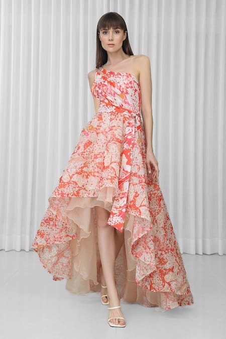 Shop Mandira Wirk Orange Polyester Embroidery Asymmetric Maple Leaves Print Dress Online at Aza Fashions Shop_Mandira Wirk_Orange Polyester Embroidery Asymmetric Maple Leaves Print Dress _Online_at_Aza_Fashions