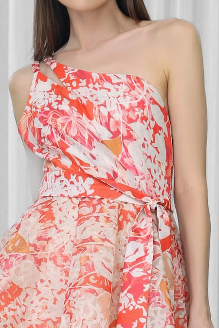 Buy Mandira Wirk Orange Polyester Embroidery Asymmetric Maple Leaves Print Dress Online at Aza Fashions Buy_Mandira Wirk_Orange Polyester Embroidery Asymmetric Maple Leaves Print Dress _Online_at_Aza_Fashions