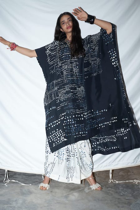 Buy_AK-OK_Black Printed Silk Kaftan And Skirt Set_Online_at_Aza_Fashions