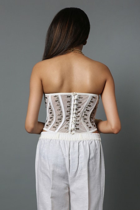 Buy White Net Embroidered Thread Work Sweetheart Neck Sheer Corset For Women  by House of Three Online at Aza Fashions.