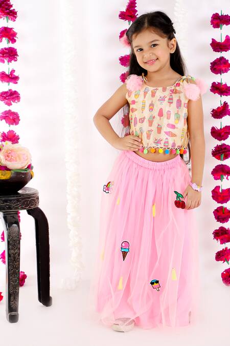 Bloomers By Amrita M_Pink Cotton Satin, Net, Cotton, Silk Pom-poms, Tassels Patchwork Lehenga Set _Online_at_Aza_Fashions