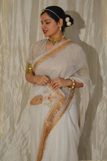 Studio Malang_White Organza Embroidered Floral Zardosi Saree_Online_at_Aza_Fashions