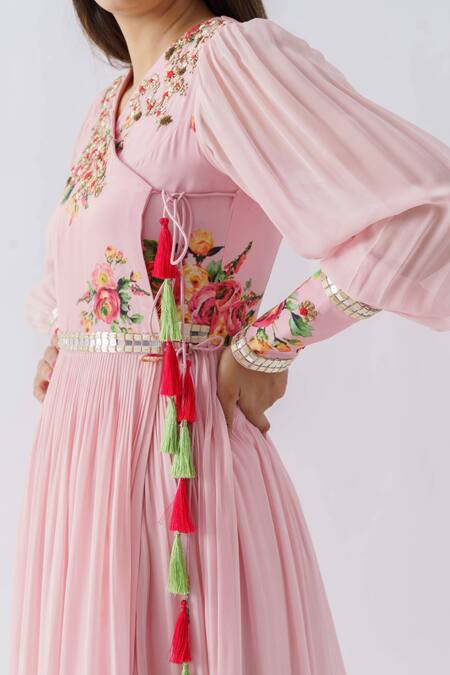 Shop Suruchi Parakh Pink Satin Silk, Georgette Crepe, Lining Shantoon Embroidery Zardozi, Angarkha Online at Aza Fashions Shop_Suruchi Parakh_Pink Satin Silk, Georgette Crepe, Lining Shantoon Embroidery Zardozi, Angarkha _Online_at_Aza_Fashions