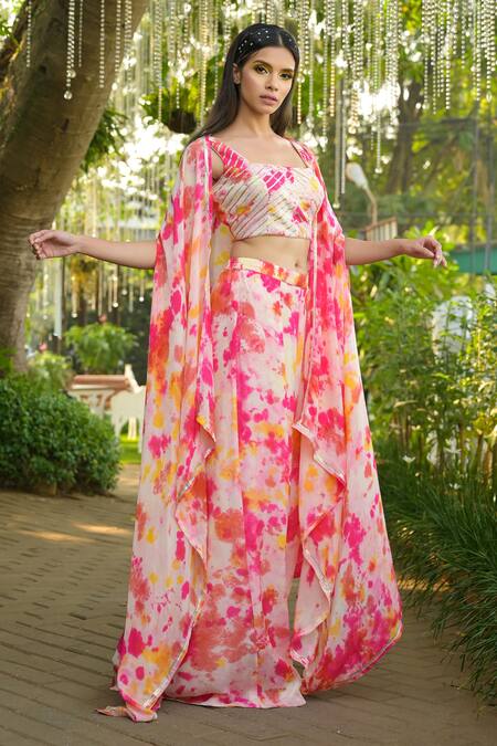 Disha Kahai_Multi Color Crepe Gota Patti Square Neck Tie-dye Pattern Cape Palazzo Set_Online_at_Aza_Fashions