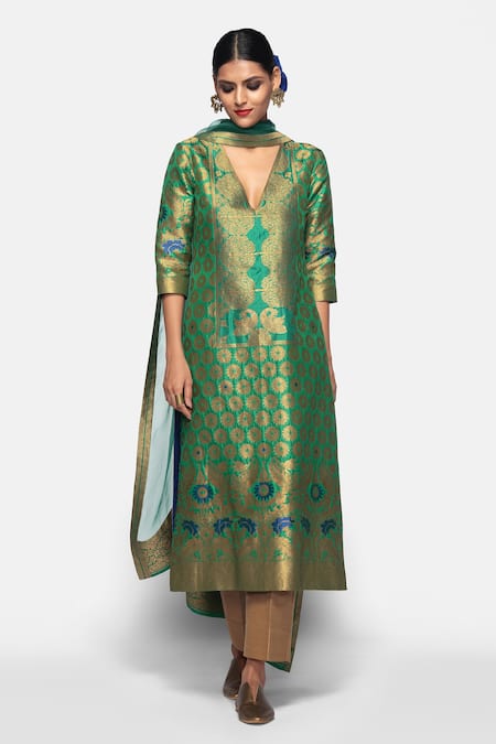 Buy_Payal Khandwala_Green Silk Brocade Kurta_Online_at_Aza_Fashions