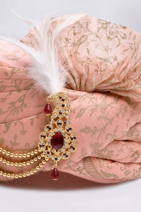 Shop_Arihant Rai Sinha_Peach Embroidery, Stones Printed Safa_Online_at_Aza_Fashions