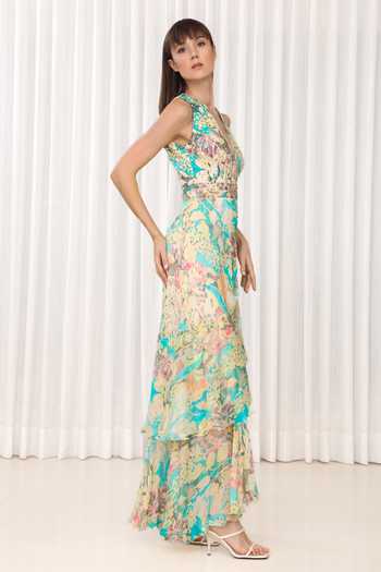 Buy_Mandira Wirk_Multi Color Chiffon, Brocade Embroidery V-neck Tube Rose Print High Low Dress _Online_at_Aza_Fashions