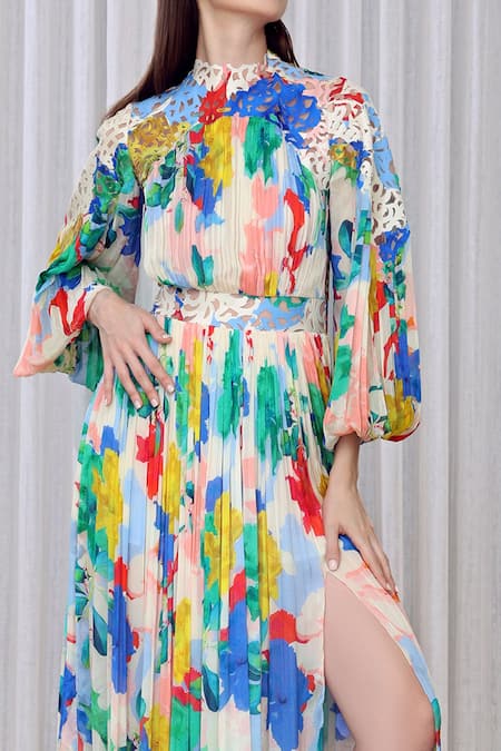 Buy Mandira Wirk Resort Multi Color Chiffon Cut Work Round Neck Hibiscus Print Dress Online at Aza Fashions Buy_Mandira Wirk Resort_Multi Color Chiffon Cut Work Round Neck Hibiscus Print Dress _Online_at_Aza_Fashions