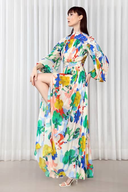 Mandira Wirk Resort Multi Color Chiffon Cut Work Round Neck Hibiscus Print Dress Online at Aza Fashions Mandira Wirk Resort_Multi Color Chiffon Cut Work Round Neck Hibiscus Print Dress _Online_at_Aza_Fashions