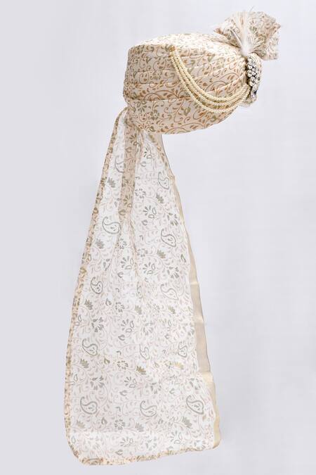 Arihant Rai Sinha_White Rhinestones, Pearls Printed Safa_Online_at_Aza_Fashions