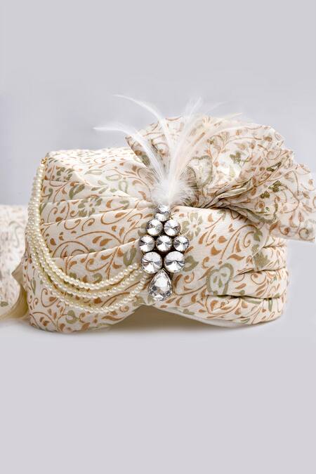 Buy_Arihant Rai Sinha_White Rhinestones, Pearls Printed Safa_Online_at_Aza_Fashions