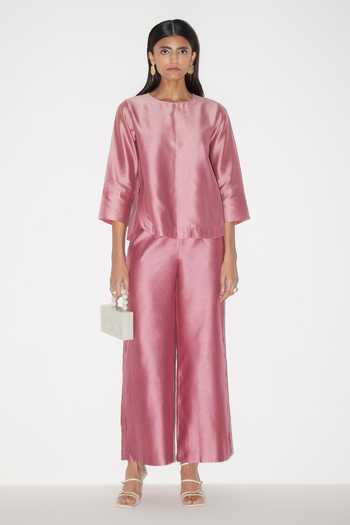 Buy_Febo6_Pink Chanderi Sequins Round Neck Hem Top With Pant _Online_at_Aza_Fashions