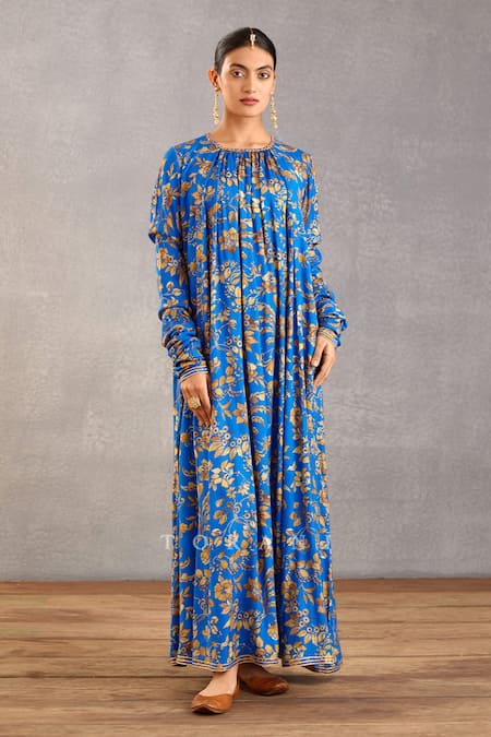 Torani_Blue Silk Round Neck Rang Shyam Amrut Maxi Dress _Online_at_Aza_Fashions