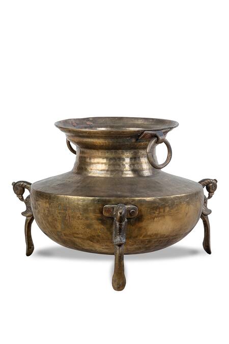 Purana Darwaza_Gold Brass Vintage Pot On Peacock Legs_Online_at_Aza_Fashions