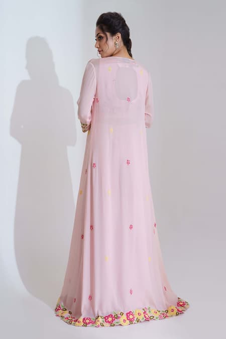 Shop_Suruchi Parakh_Pink Satin Silk, Georgette Crepe, Lining Embroidered Pant Set With Jacket _at_Aza_Fashions