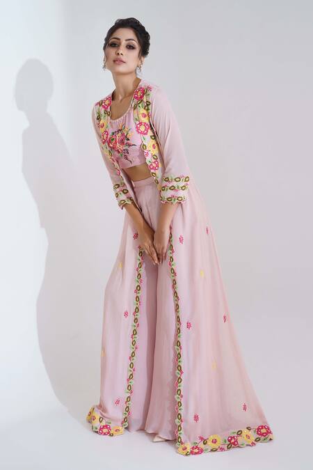 Suruchi Parakh_Pink Satin Silk, Georgette Crepe, Lining Embroidered Pant Set With Jacket _Online_at_Aza_Fashions