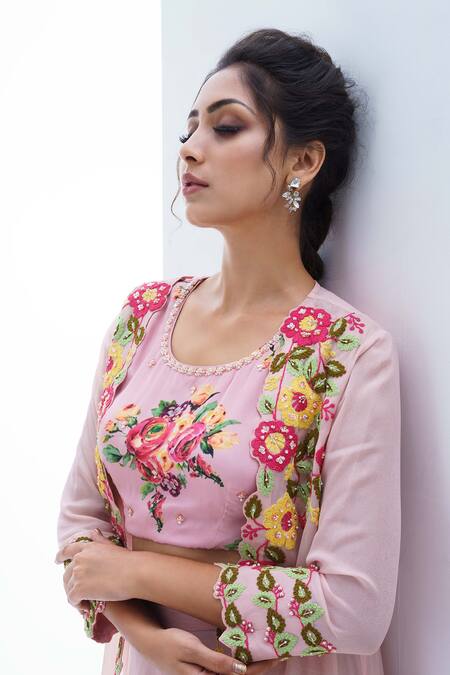 Buy_Suruchi Parakh_Pink Satin Silk, Georgette Crepe, Lining Embroidered Pant Set With Jacket _Online_at_Aza_Fashions