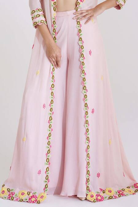 Shop_Suruchi Parakh_Pink Satin Silk, Georgette Crepe, Lining Embroidered Pant Set With Jacket _Online_at_Aza_Fashions