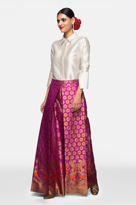 Payal Khandwala_Purple Brocade Silk Floral Trouser_Online_at_Aza_Fashions