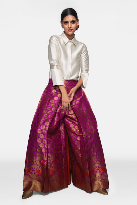 Shop_Payal Khandwala_Purple Brocade Silk Floral Trouser_Online_at_Aza_Fashions
