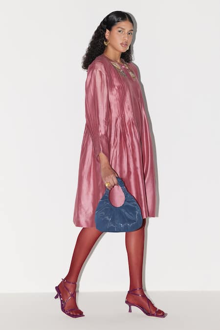 Febo6_Pink Chanderi Embroidery Round Neck Pleated Dress _Online_at_Aza_Fashions