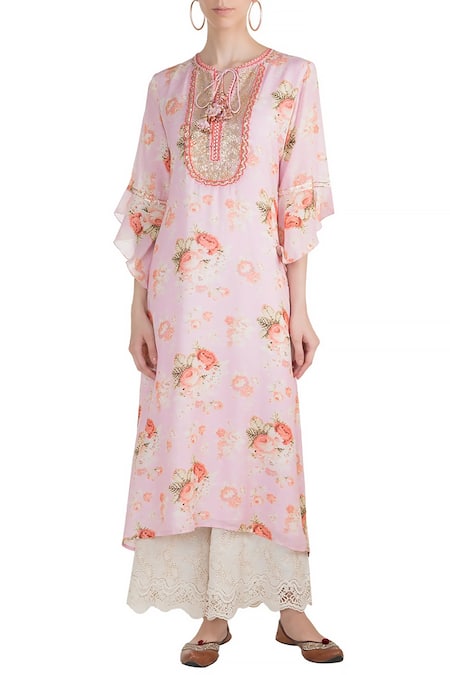 Gopi Vaid_Pink Cotton Silk Print Flower Bagh Round Neck Tunic _Online_at_Aza_Fashions