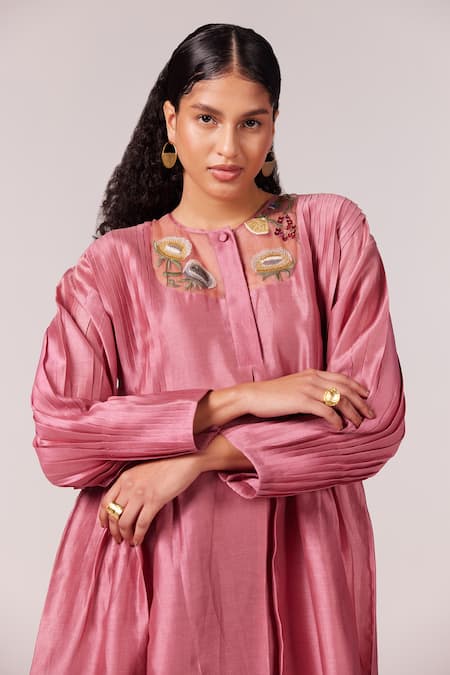 Buy_Febo6_Pink Chanderi Embroidery Round Neck Pleated Dress _Online_at_Aza_Fashions