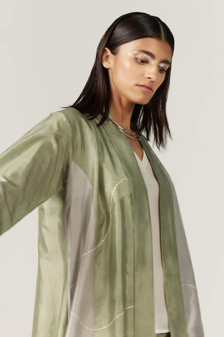 Buy_Febo6_Green Silk Embroidery Open Neck Dome Trichromatic Jacket With Pant _Online_at_Aza_Fashions
