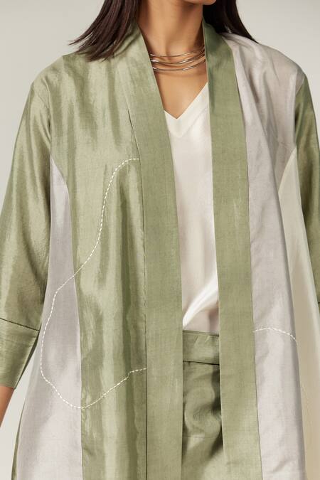 Shop Febo6 Green Silk Embroidery Open Neck Dome Trichromatic Jacket Online at Aza Fashions Shop_Febo6_Green Silk Embroidery Open Neck Dome Trichromatic Jacket _Online_at_Aza_Fashions