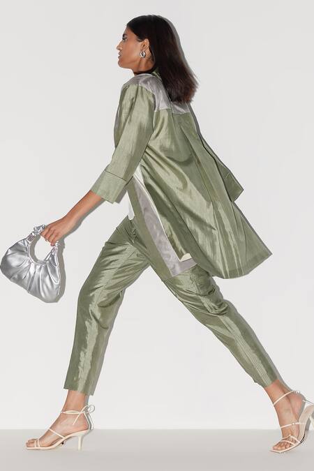 Febo6_Green Silk Embroidery Open Neck Dome Trichromatic Jacket With Pant _at_Aza_Fashions