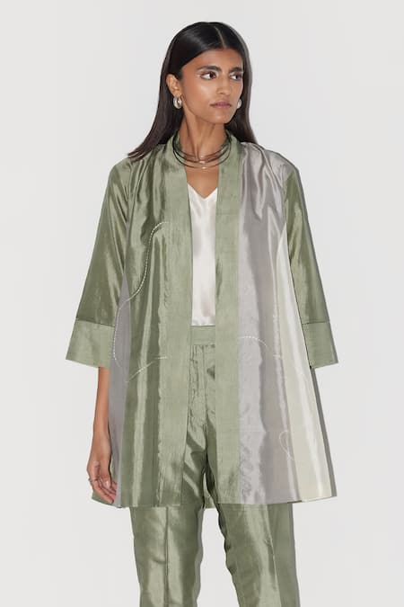 Buy_Febo6_Green Silk Embroidery Open Neck Dome Trichromatic Jacket With Pant 