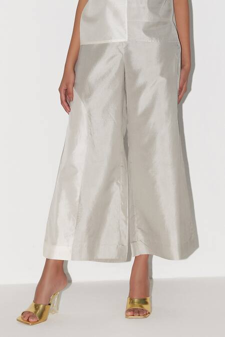 FEBO6_Ivory Silk Arc Two Tone Trouser _Online_at_Aza_Fashions