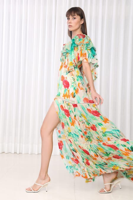 Buy_Mandira Wirk_Multi Color Organza, Chiffon, Brocade Embroidery Dahlia Bouquet Print Dress _Online_at_Aza_Fashions