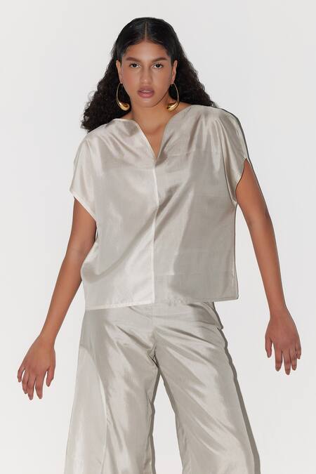 Buy_Febo6_Ivory Silk Split V-neck Arc Two Tone Top And Pant Set _Online_at_Aza_Fashions