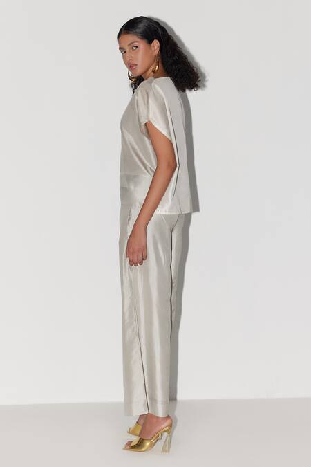 Shop_Febo6_Ivory Silk Split V-neck Arc Two Tone Top And Pant Set _Online_at_Aza_Fashions