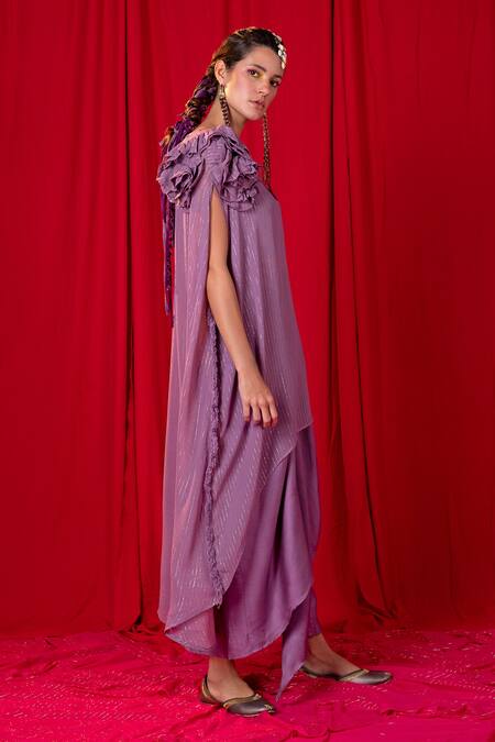Buy_Enech_Purple Shimmer Georgette Jhalar Asymmetric Kimono And Draped Skirt Set  _Online_at_Aza_Fashions