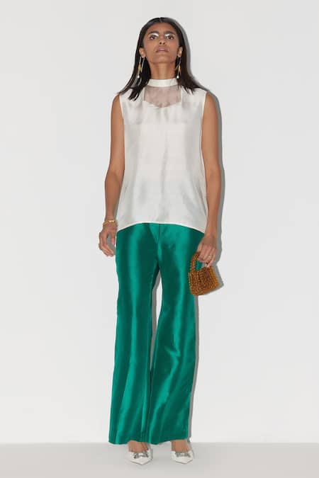 Buy_Febo6_Green Silk Plain Saturday Bell Bottom Trouser  _Online_at_Aza_Fashions