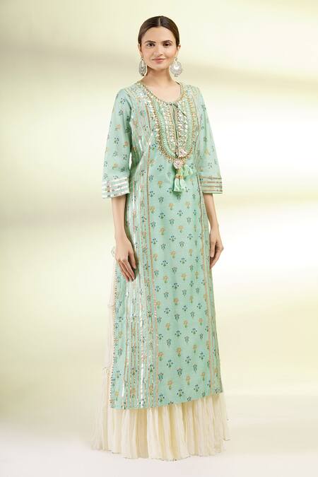 Gopi Vaid_Green Chanderi Round Embroidered Tunic And Sharara Set _Online_at_Aza_Fashions