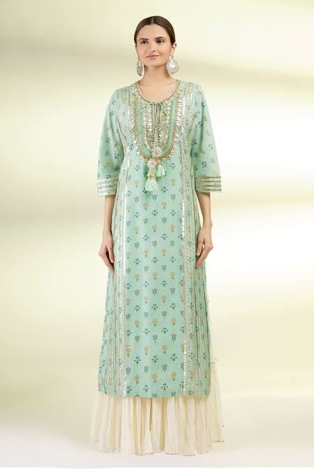 Buy_Gopi Vaid_Green Chanderi Round Embroidered Tunic And Sharara Set _Online_at_Aza_Fashions