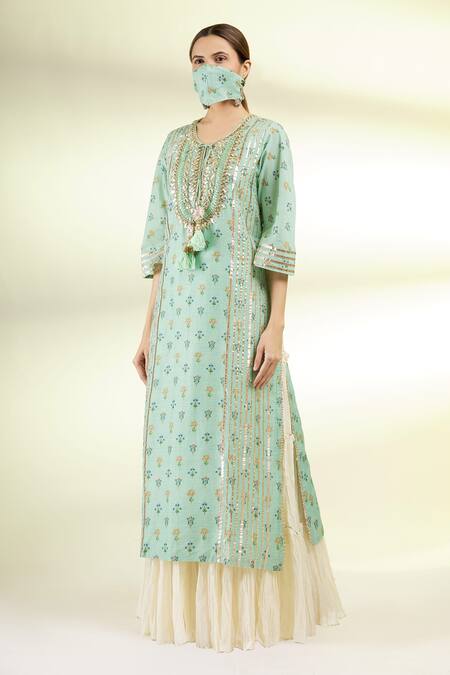 Shop_Gopi Vaid_Green Chanderi Round Embroidered Tunic And Sharara Set _Online_at_Aza_Fashions