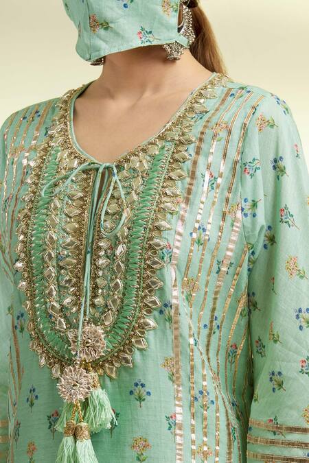 Gopi Vaid_Green Chanderi Round Embroidered Tunic And Sharara Set _at_Aza_Fashions