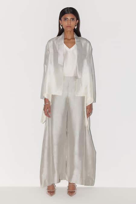 Febo6 Grey Silk Embroidery, Zari Collared, V-neck Overlay Jacket Pant Set Online at Aza Fashions Febo6_Grey Silk Embroidery, Zari Collared, V-neck Overlay Jacket Pant Set _Online_at_Aza_Fashions