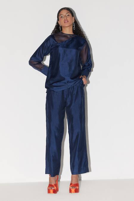 Febo6 Blue Silk Embroidery Round Neck Panelled Top And Pant Set Online at Aza Fashions Febo6_Blue Silk Embroidery Round Neck Panelled Top And Pant Set _Online_at_Aza_Fashions