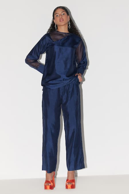 Febo6 Blue Silk Embroidery Solid Trouser Online at Aza Fashions Febo6_Blue Silk Embroidery Solid Trouser _Online_at_Aza_Fashions