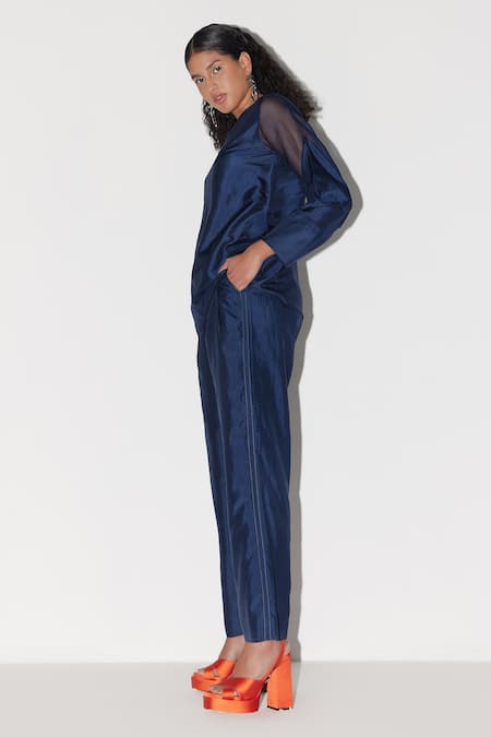Buy Febo6 Blue Silk Embroidery Round Neck Panelled Top And Pant Set Online at Aza Fashions Buy_Febo6_Blue Silk Embroidery Round Neck Panelled Top And Pant Set _Online_at_Aza_Fashions