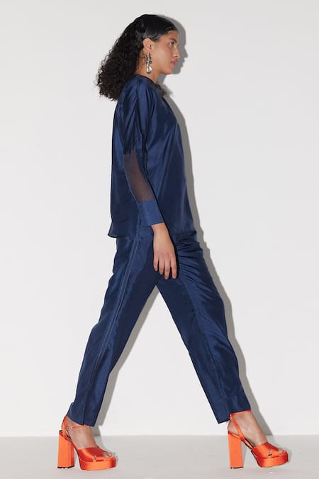 Shop Febo6 Blue Silk Embroidery Solid Trouser Online at Aza Fashions Shop_Febo6_Blue Silk Embroidery Solid Trouser _Online_at_Aza_Fashions