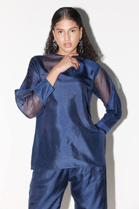 Shop Febo6 Blue Silk Round Neck Panelled Top Online at Aza Fashions Shop_Febo6_Blue Silk Round Neck Panelled Top _Online_at_Aza_Fashions