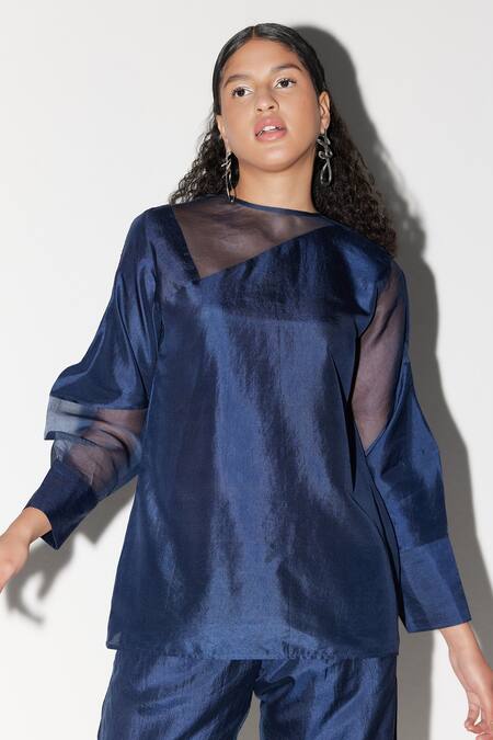 Shop Febo6 Blue Silk Embroidery Round Neck Panelled Top And Pant Set Online at Aza Fashions Shop_Febo6_Blue Silk Embroidery Round Neck Panelled Top And Pant Set _Online_at_Aza_Fashions