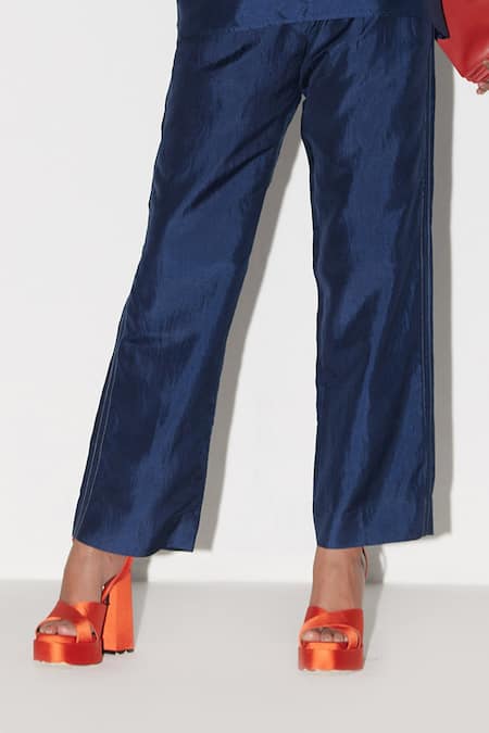 Febo6 Blue Silk Embroidery Solid Trouser at Aza Fashions Febo6_Blue Silk Embroidery Solid Trouser _at_Aza_Fashions